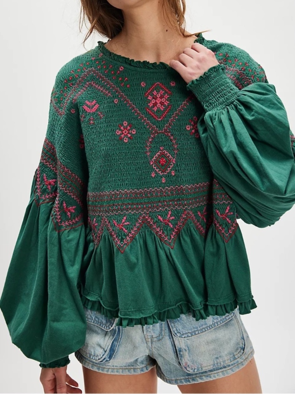 Free People Holly Smocked  Embroidered Top